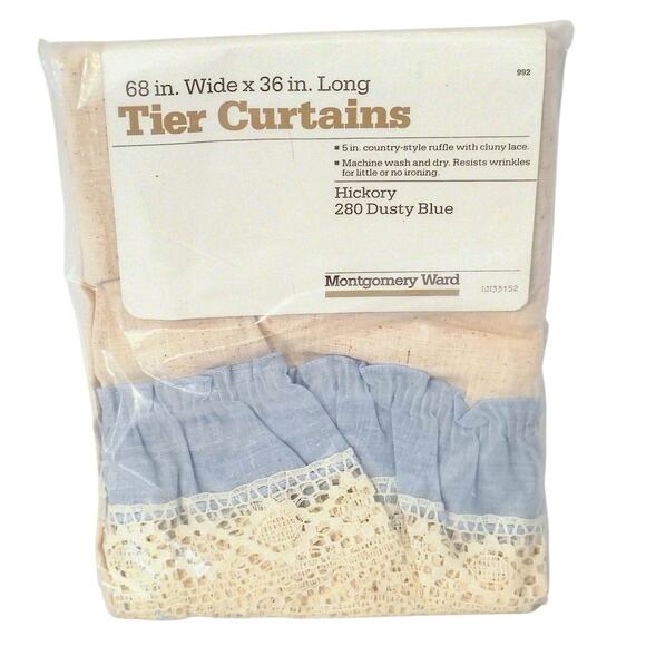 Montgomery Ward Hickory Dusty Blue Country Lace Ruffle Tier Curtains 68x36" Vtg - Picture 1 of 4